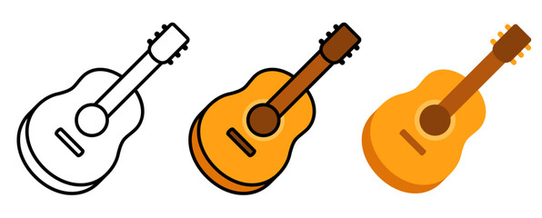 Classic acoustic guitar. Black and white line icon, color and flat cartoon drawing. Simple vector clip art illustration.