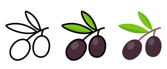 Olive branch with black olives and leaves. Black and white line icon, color and flat cartoon drawing. Simple vector clip art illustration.
