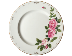 Vintage Floral Plate with Pink Roses, Top-Down View, Isolated