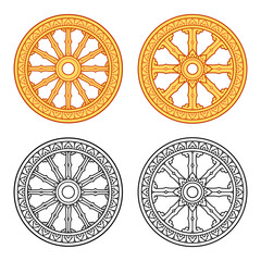 Thai Dhamma Wheel (dhammacakka), with 8 and 12 spokes. Theravada Buddhism symbol. Golden and black line art set. Isolated vector illustration.