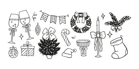 Christmas hand drawn elements. Whimsical New Year objects. Black chalk outline traditional graphics for greeting cards, celebration invitations. Coquette holiday collection. Vector illustration.