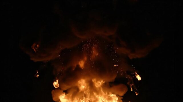 Fireball Exploding with Bright Orange Flames Rising Upward Dark Background