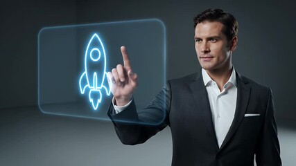 Businessman in Dark Suit Touching Glowing Rocket on Transparent Interface Against Dark Gray Background - Powered by Adobe