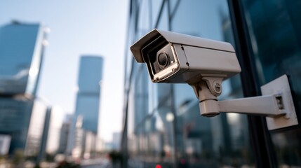 Security camera on modern building facade with city skyline in background capturing surveillance for safety and protection in urban environment