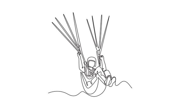 Animated self drawing of continuous line draw man is paragliding, suspended high in seated harness, controlling the lines, thrill and airborne freedom of extreme sport. Full length one line animation