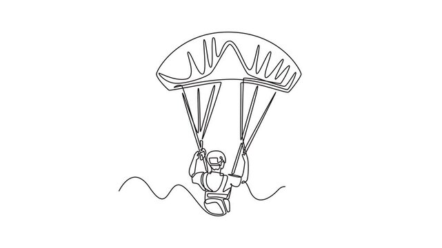Animated self drawing of continuous line draw back view of young person is paragliding, suspended beneath a fully inflated chute, gripping the control lines in mid-air. Full length one line animation