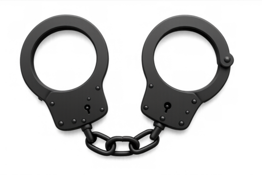 Handcuffs, a symbol of crime, arrest, and justice, featuring black metal design on a transparent background
