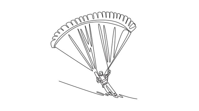 Animated self drawing of continuous line draw young person is paragliding, suspended beneath fully inflated chute and flying low over slope, thrill and airborne freedom. Full length one line animation