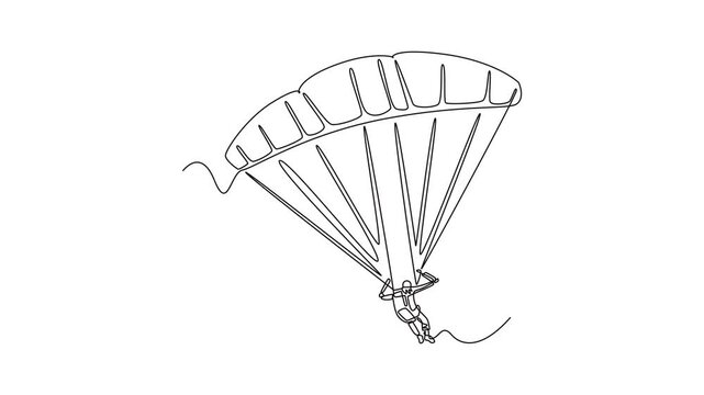Animated self drawing of continuous line draw person is paragliding, suspended beneath fully inflated chute and flying with outstretched arms. Freedom of extreme sport. Full length one line animation