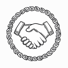 Handshake inside a circular chain link emblem symbolizing trust and partnership.