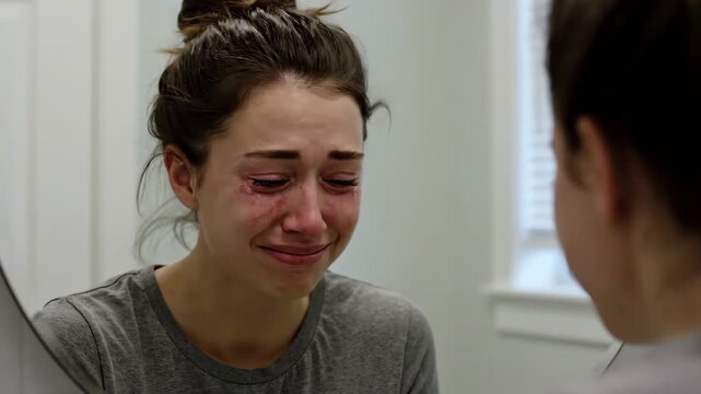Young woman openly weeping with visible distress and tears on her face