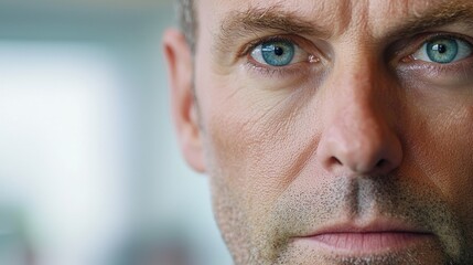A close-up of a man's serious face with striking blue eyes and detailed skin texture.