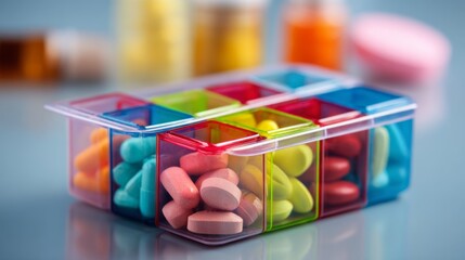 Colorful weekly pill organizer filled with various tablets, capsules, and vitamins displayed on a reflective surface with blurred medicine bottles in background