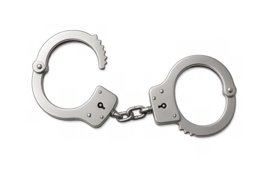 Metal handcuffs with one cuff open symbolizing arrest, law enforcement, justice, crime, or release and freedom, transparent background