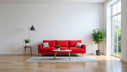 Red sofa in minimalist living room
