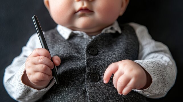 A baby dressed formally holds a pen, suggesting a playful take on professionalism or business attire for children.