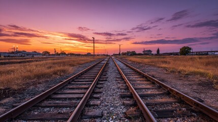 Obraz premium Serene Sunset Over Abandoned Train Tracks with Vibrant Sky and Golden Grass in Rural Landscape Setting