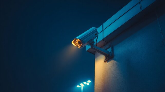 Modern security camera mounted on building exterior at night, illuminating surrounding area with warm light, enhancing safety and surveillance effectiveness