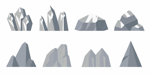 Collection of stylized geometric rock formations and crystal clusters in shades of gray