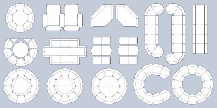 Collection of top view furniture layouts including sofas chairs and modular seating arrangements