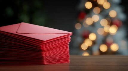Stack of red envelopes on a wooden table. the envelopes are neatly folded and stacked on top of each other.
