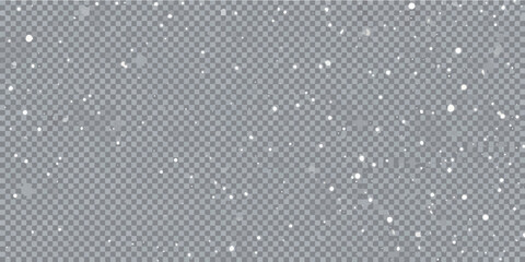 Realistic falling snow overlay on a transparent gray checkered background for winter design