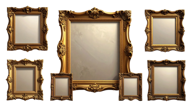 Antique Baroque and Rococo Style Picture Frame Set with Ornate Carvings PNG Transparent Background PNG - Powered by Adobe