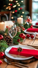 Festively set dining table with red and gold decor for a joyful holiday gathering.