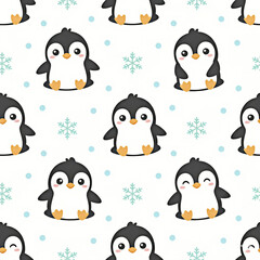 Fototapeta premium Seamless pattern of cute penguins with snowflakes, vector on white background