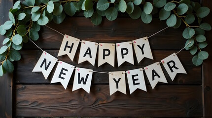 A rustic, wooden wall adorned with a string of eucalyptus leaves. Hanging from the leaves is a festive banner spelling out "HAPPY NEW YEAR" in bold, white, capital letters. 