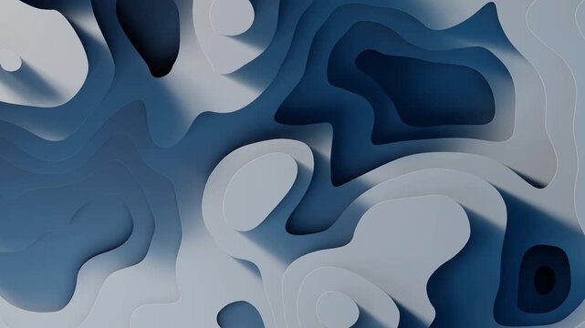 Minimal white and blue 3D abstract terrain with soft gradient shadows. Smooth topographic motion forming futuristic digital surface with layered curves and gentle depth animation.