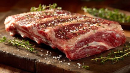 Freshly Cut Raw Beef Rib with Herbs and Spices Ready for Cooking on a Wooden Board with Rustic Background