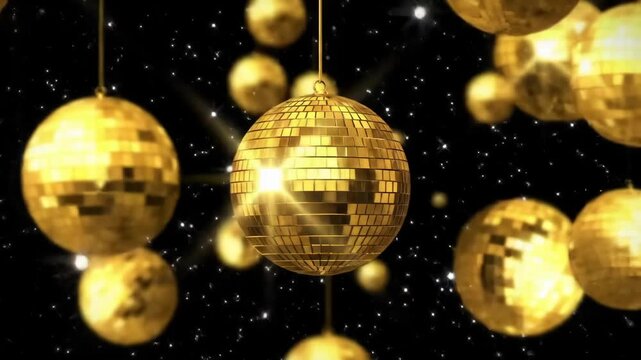 Gold disco balls suspended against a dark starry background. Ideal for celebratory themes