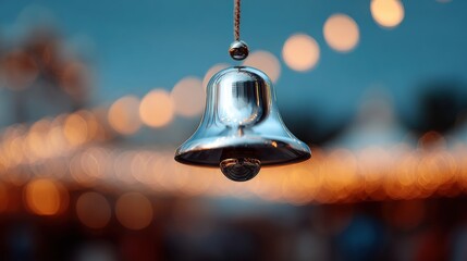 Obraz premium Close-up of a silver bell hanging from a string. the bell is in the center of the image and is slightly tilted to the right.