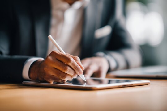 Signature captured: Businessman signs document on his tablet with a digital pen. - Powered by Adobe