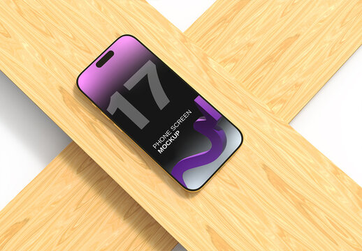 Phone Screen Mockup on Wooden Background