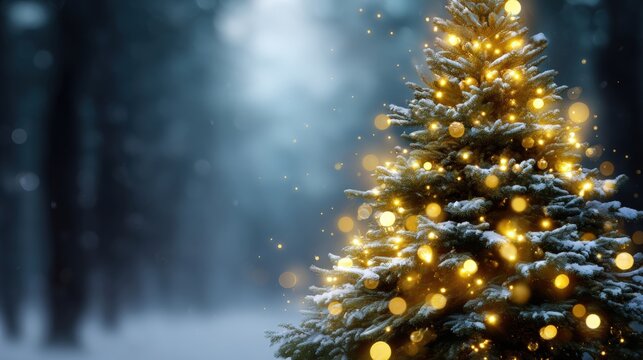 Digital illustration of a christmas tree in the middle of a snowy forest. the tree is covered in snow and is decorated with gold ornaments and lights. - Powered by Adobe