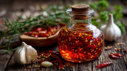 Glass jar of infused chili oil with herbs, garlic cloves, and dried red peppers on rustic wooden table showcasing vibrant colors and textures of ingredients