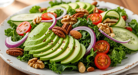 Enjoy vibrant avocado salad with fresh vegetables and nuts for a healthy lifestyle indulgence