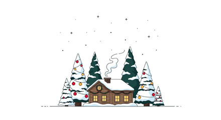 Obraz premium vector illustration of an evergreen Christmas scene featuring pine trees covered in snow, red and gold ornaments, a cozy wooden cabin 