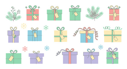 Naklejka premium vector icon set of Christmas gifts with evergreen pine branches, snowflakes, and ribbons