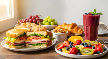 Fototapeta premium Enjoy a vibrant healthy breakfast spread with sandwich, smoothie, fruit, and croissants on wood table