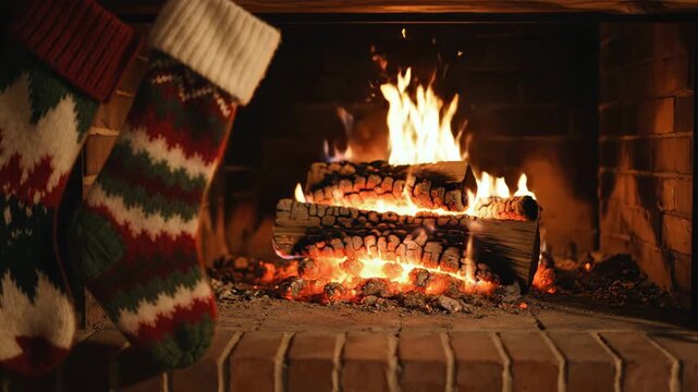 Festive Christmas Stockings Hanging Near Fireplace Fire
