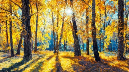 Fototapeta premium Golden autumn sunlight filters through vibrant trees in a serene forest during a crisp fall day