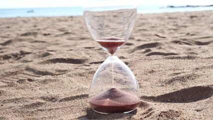 A clear hourglass symbolizes time passing as fine brown sand runs, resting on a beach with the vast, endless ocean and horizon in the background. - Powered by Adobe