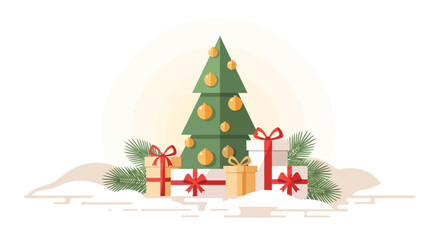 vector illustration of beautifully wrapped Christmas gifts under an evergreen tree