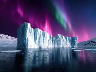 Aurora above icecovered cliffs, extreme frozen wilderness