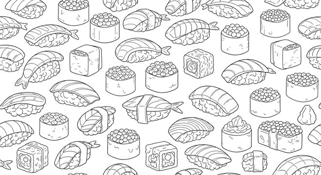 Delicious sushi rolls and nigiri in a seamless pattern, perfect for backgrounds and designs with a Japanese culinary theme.