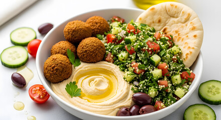 Enjoy delicious falafel bowl with hummus, salad, and pita bread for a healthy Mediterranean meal