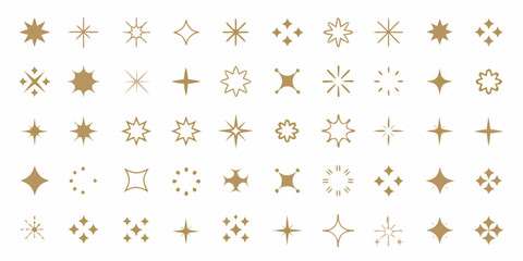 Collection of gold starbursts and sparkle icons on white background